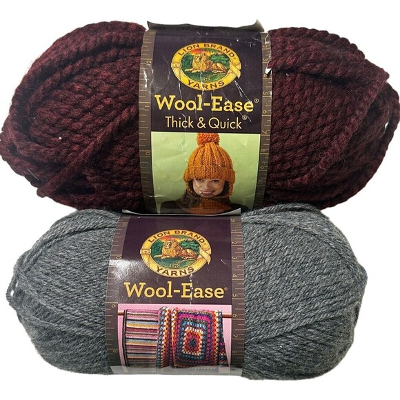 Lion Brand Yarns (1) Wool-Ease Oxford Grey & (1) Wool-Ease Thick & Quick Claret‎ - Picture 1 of 9